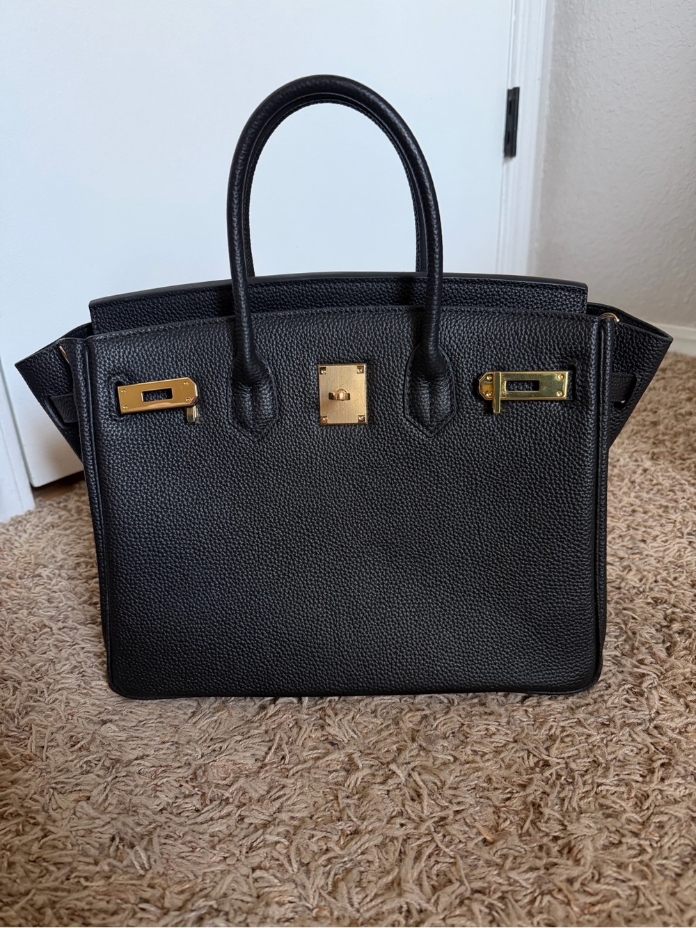 Black Leather Structured Satchel with Gold Hardware
